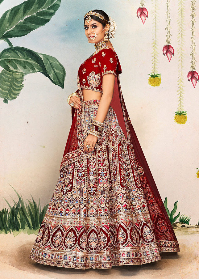 Maroon and Gold Embroidered Vlevet Lehenga