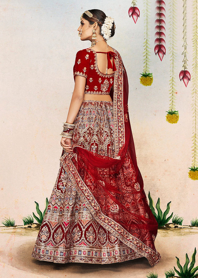 Maroon and Gold Embroidered Vlevet Lehenga