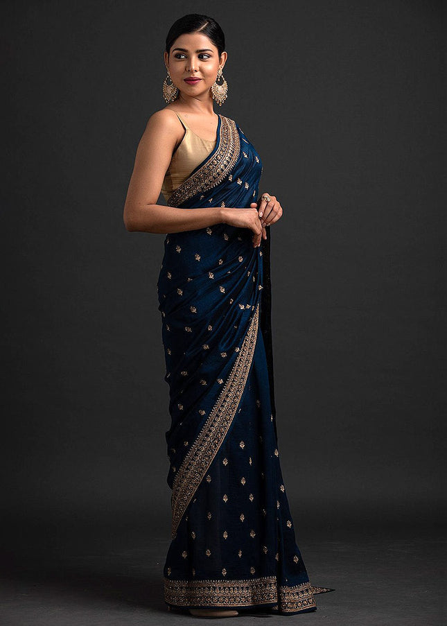 Navy Blue and Gold Embroidered Saree