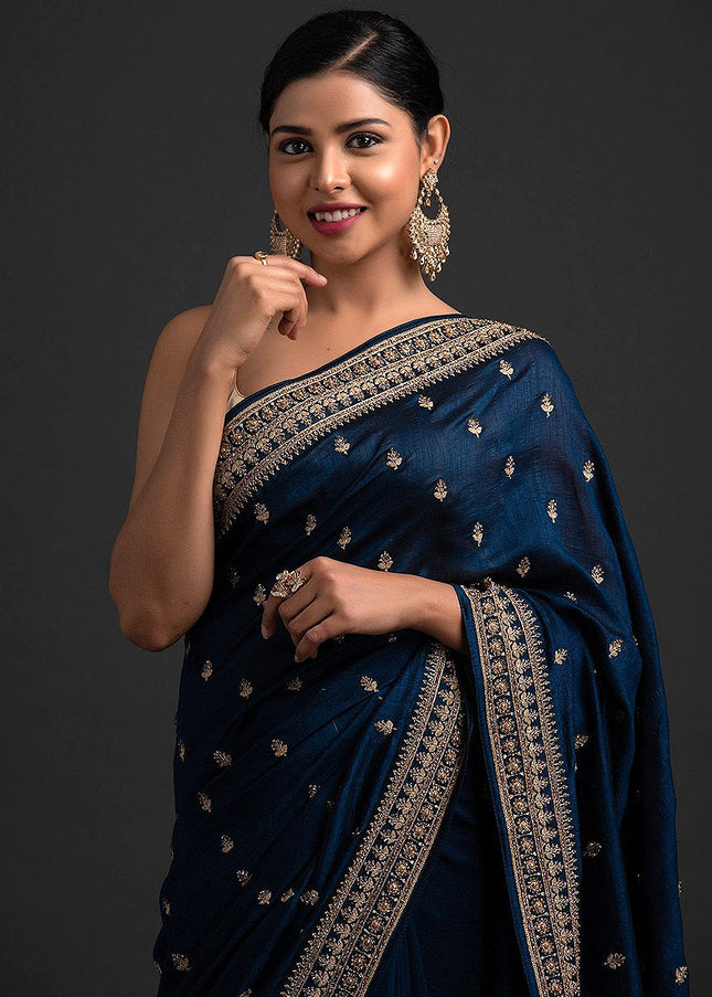 Navy Blue and Gold Embroidered Saree