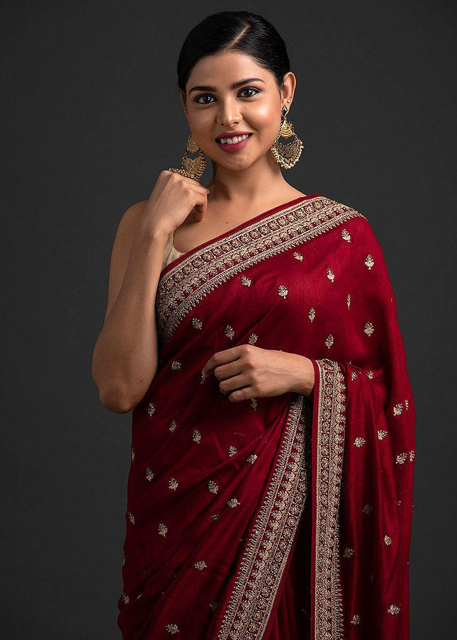 Maroon and Gold Embroidered Saree