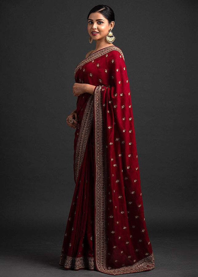 Maroon and Gold Embroidered Saree