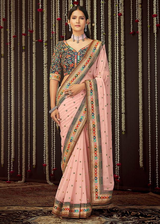 Pink Multicolor Embroidered Saree