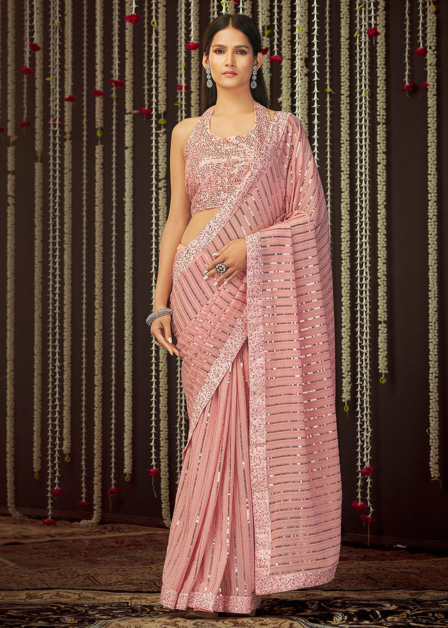 Light Pink and Gold Embroidered Saree