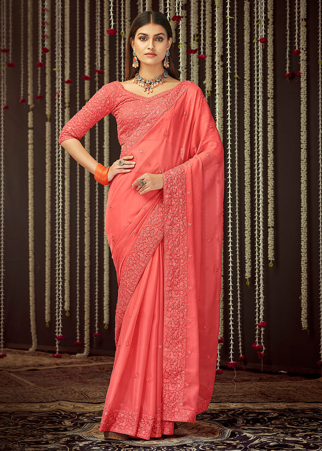 Peach Pink Embroidered Saree