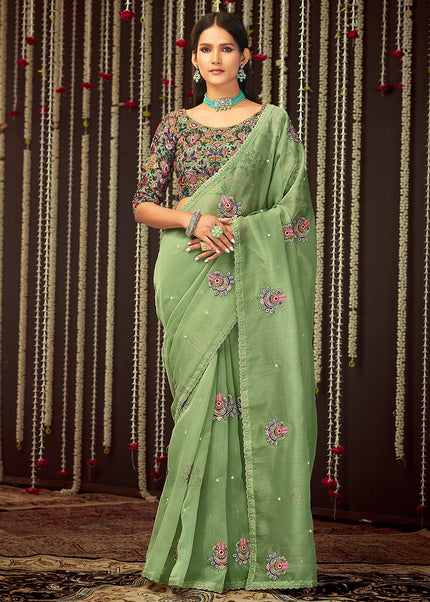 Olive Green Embroidered Saree