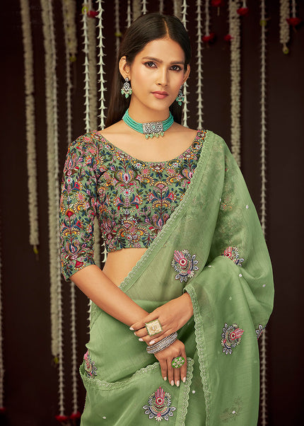 Olive Green Embroidered Saree