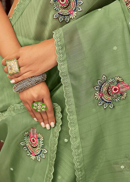 Olive Green Embroidered Saree