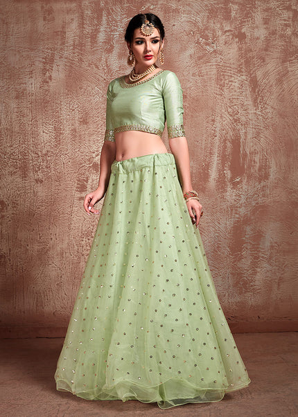 Green and Light Pink Embroidered Lehenga