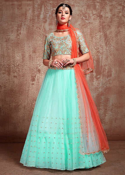 Blue and Red Embroidered Lehenga