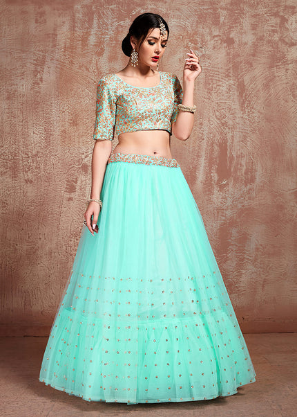 Blue and Red Embroidered Lehenga