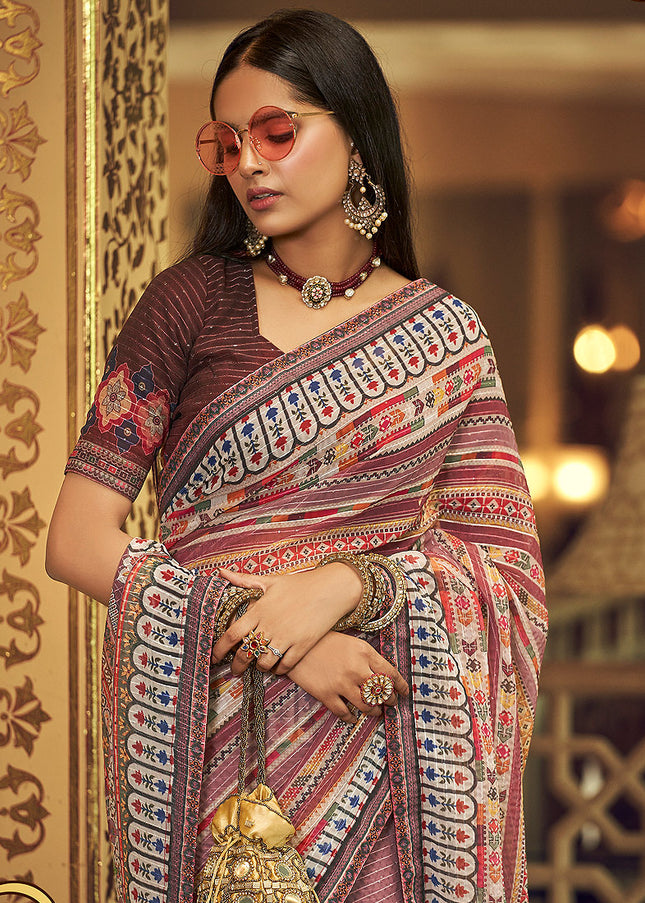 Pink Multicolor Embroidered + Printed Saree
