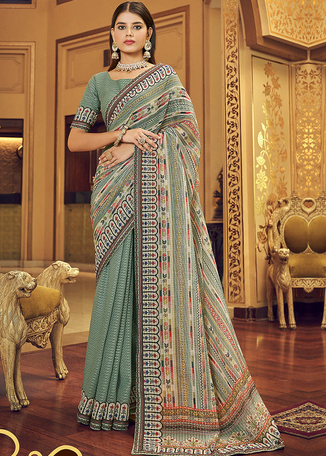 Green Embroidered + Printed Saree