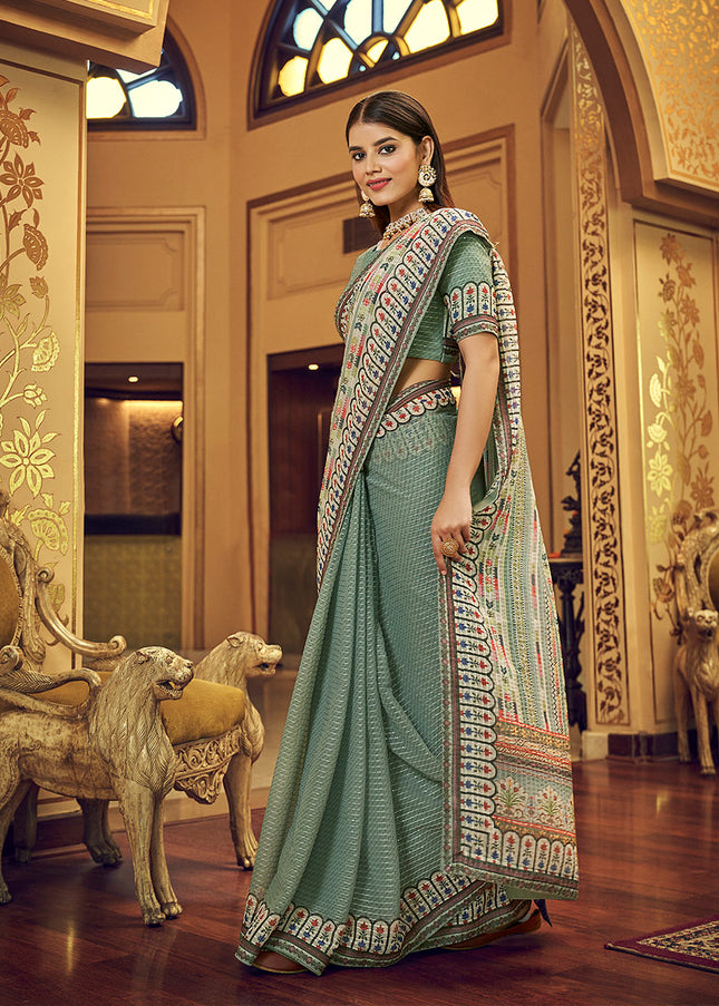 Green Embroidered + Printed Saree