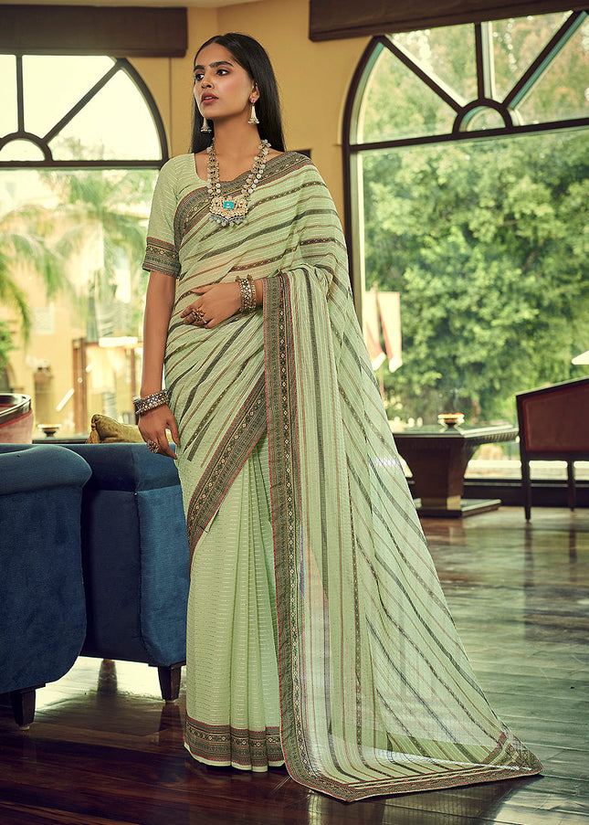 Light Green Embroidered + Printed Saree
