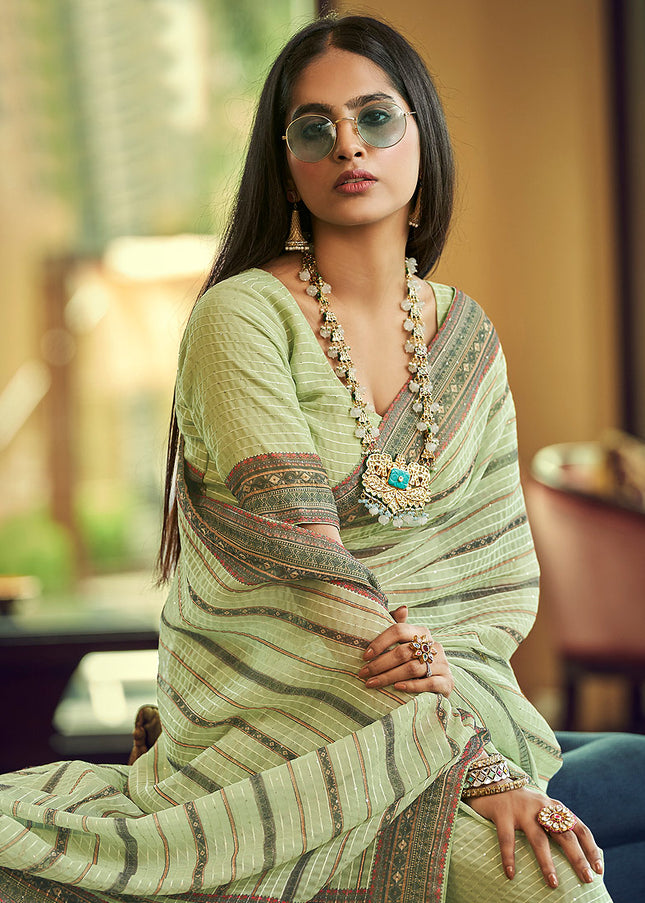 Light Green Embroidered + Printed Saree