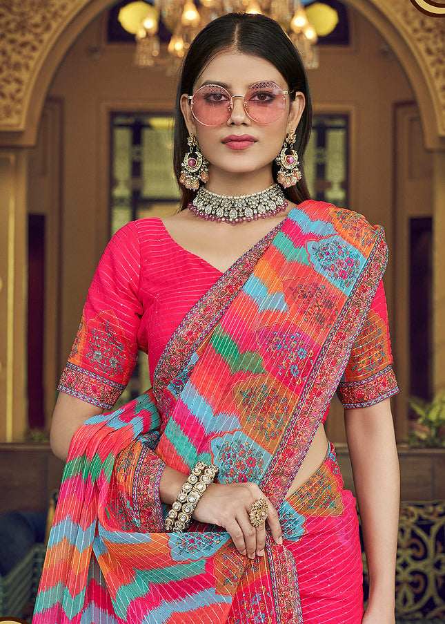 Pink Multicolor Embroidered + Printed Saree