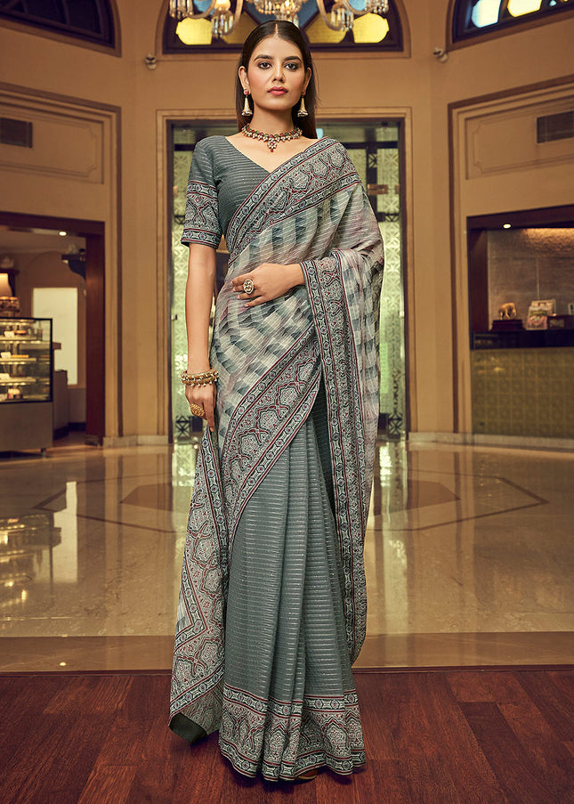 Grey Embroidered + Printed Saree