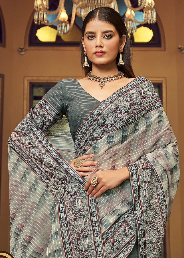 Grey Embroidered + Printed Saree