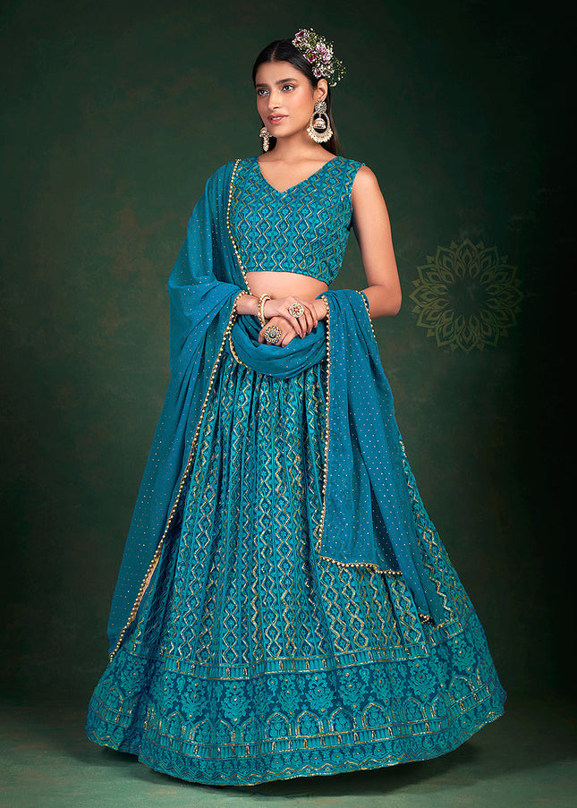 Teal Blue and Gold Embroidered Lehenga