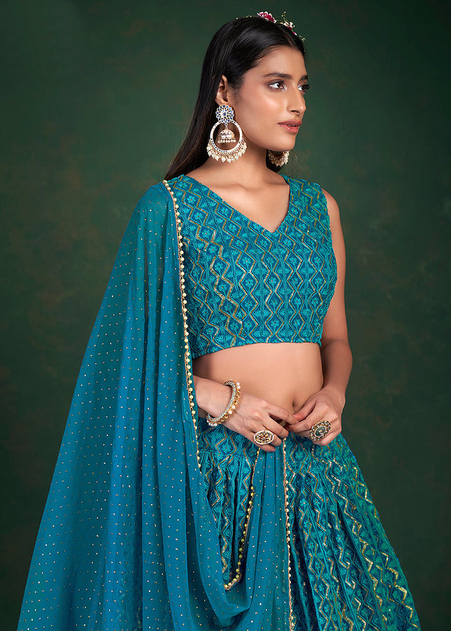 Teal Blue and Gold Embroidered Lehenga