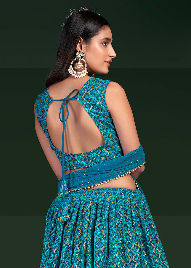 Teal Blue and Gold Embroidered Lehenga