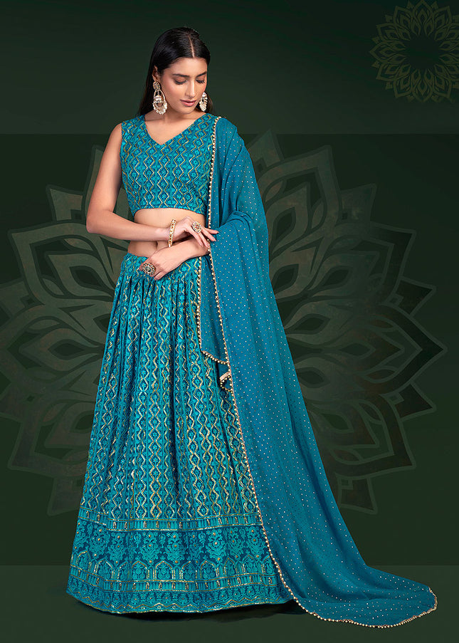 Teal Blue and Gold Embroidered Lehenga