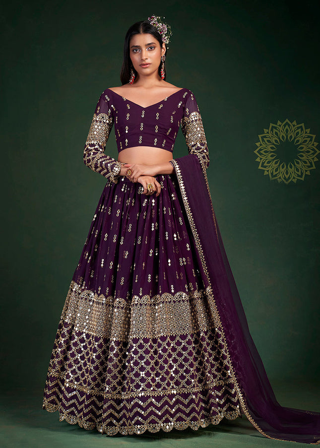 Wine and Gold Embroidered Lehenga