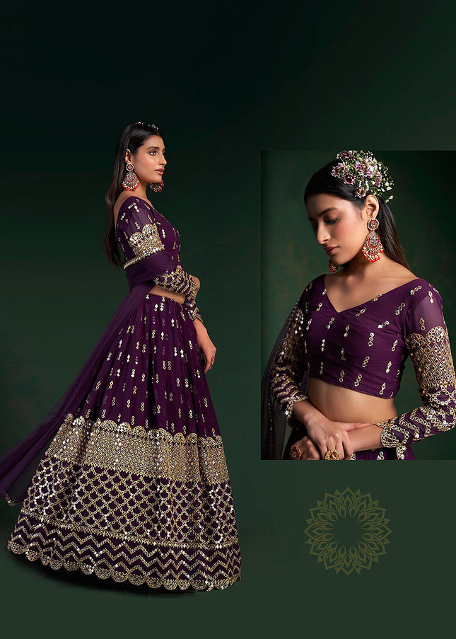 Wine and Gold Embroidered Lehenga