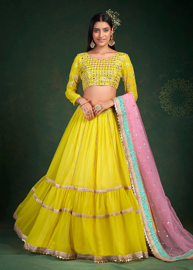 Lime Yellow and Pink Embroidered Lehenga