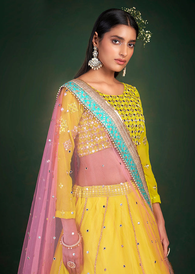 Lime Yellow and Pink Embroidered Lehenga