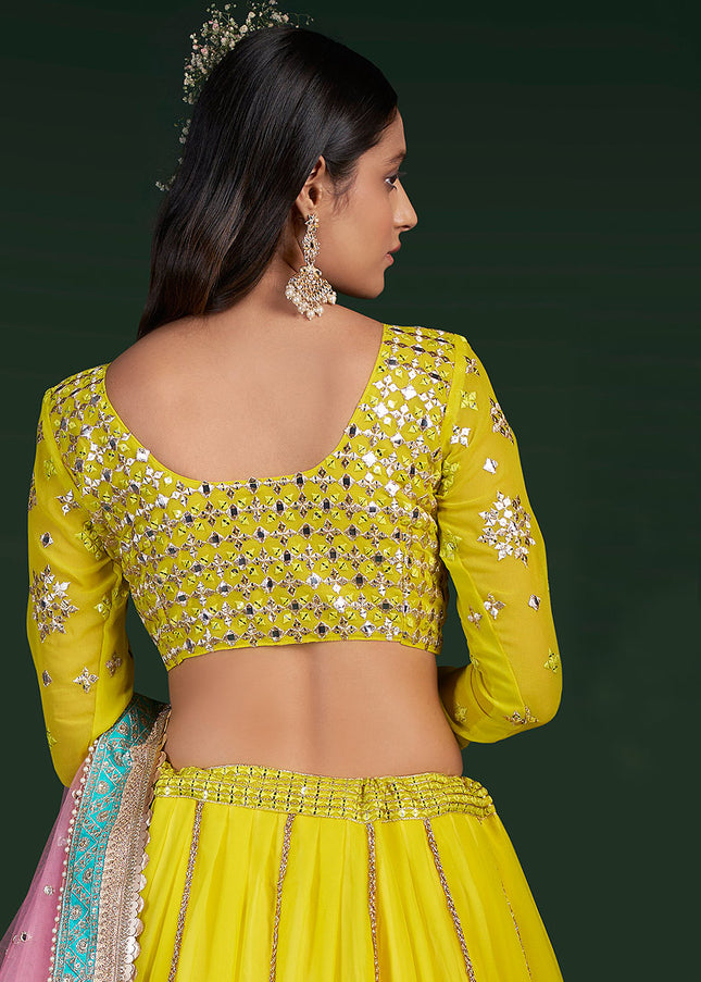 Lime Yellow and Pink Embroidered Lehenga