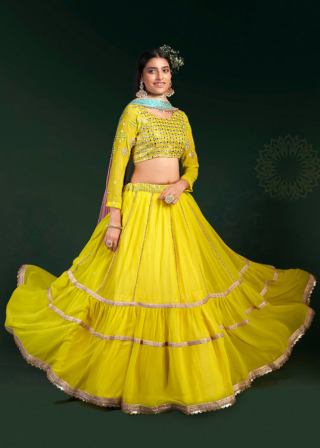 Lime Yellow and Pink Embroidered Lehenga