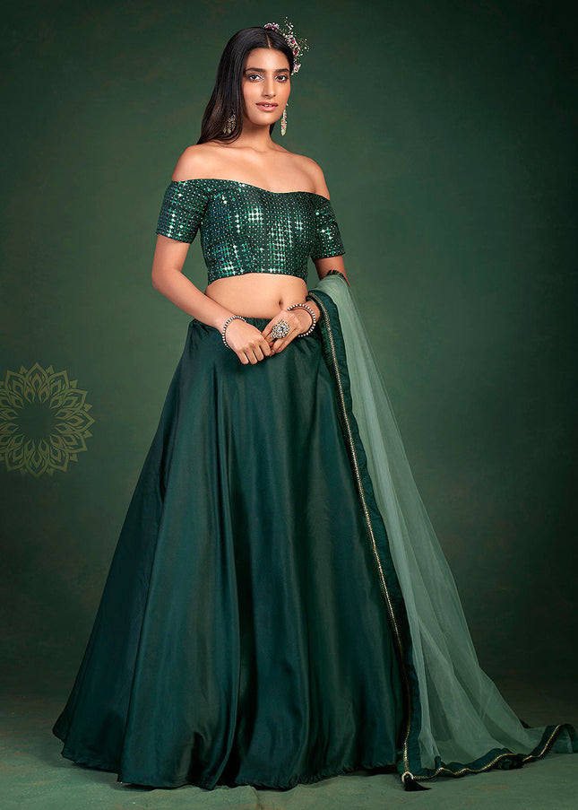 Dark Green Embroidered Lehenga