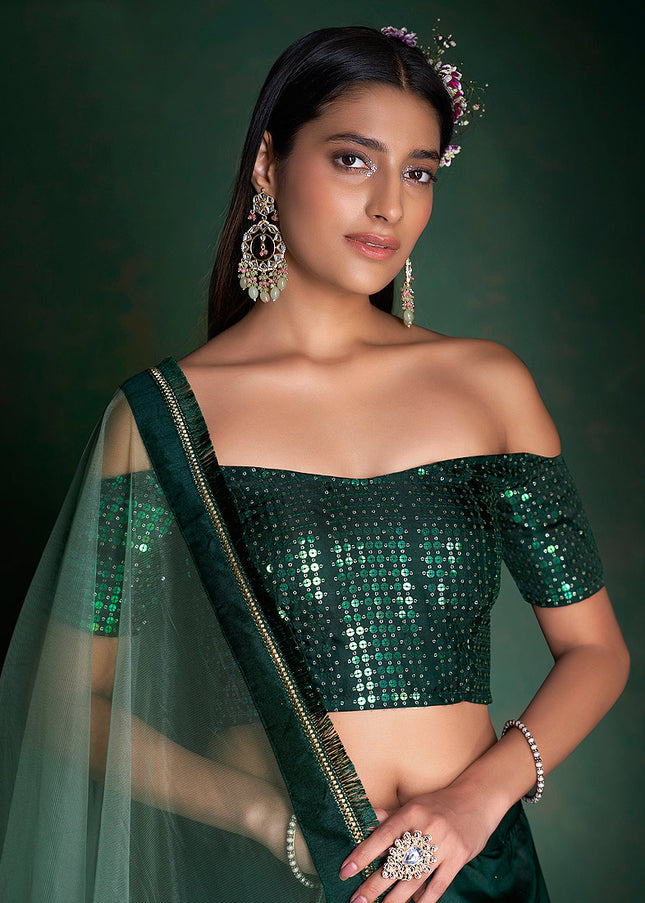 Dark Green Embroidered Lehenga