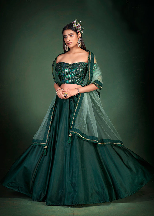 Dark Green Embroidered Lehenga