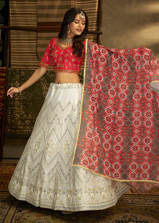 White and Red Embroidered Lehenga