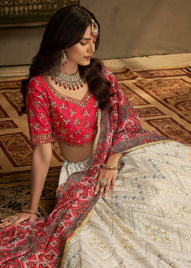 White and Red Embroidered Lehenga