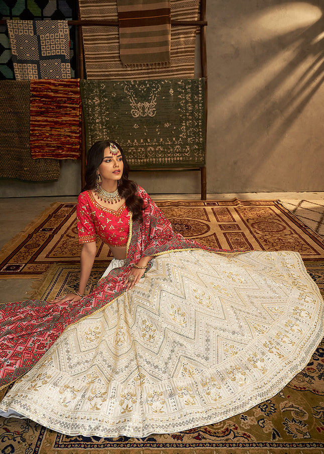 White and Red Embroidered Lehenga