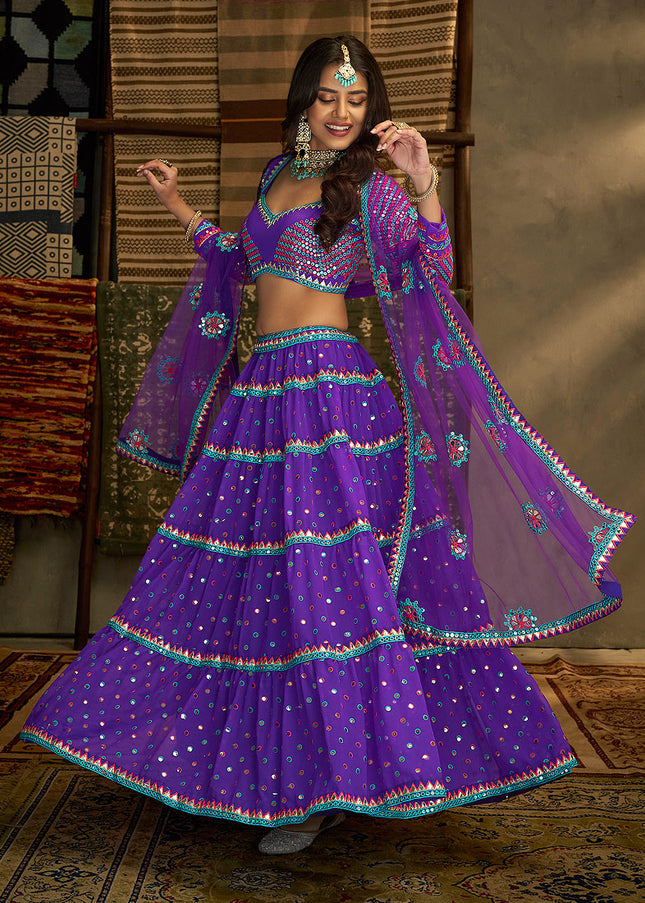 Purple and Gold Embroidered Lehenga