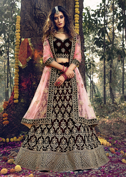 Maroon and Gold Embroidered Velvet Lehenga