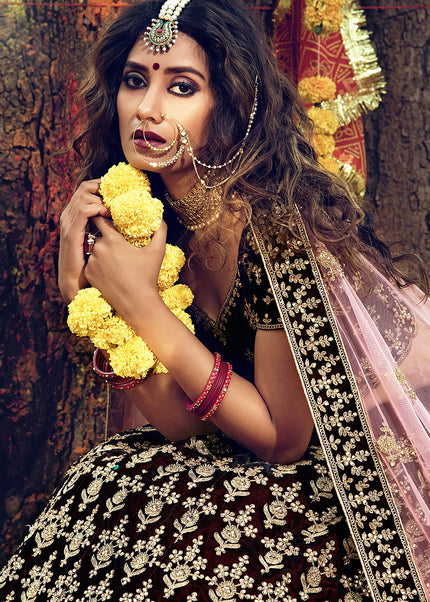 Maroon and Gold Embroidered Velvet Lehenga