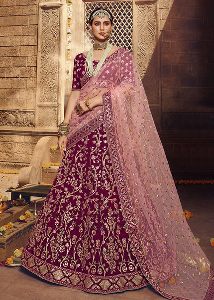 Wine and Gold Heavy Embroidered Lehenga