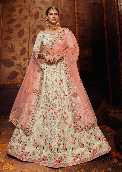 Offwhite and Pink Heavy Embroidered Lehenga