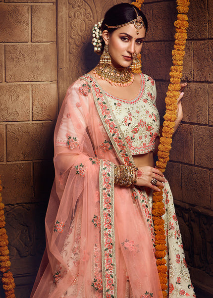 Offwhite and Pink Heavy Embroidered Lehenga
