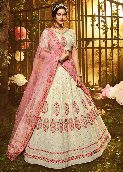 White and Pink Heavy Embroidered Lehenga