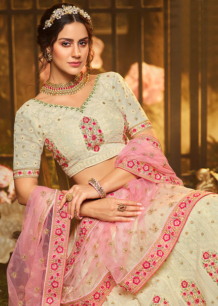 White and Pink Heavy Embroidered Lehenga