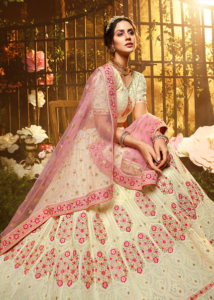 White and Pink Heavy Embroidered Lehenga
