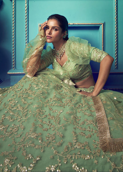Green and Gold Embroidered Lehenga