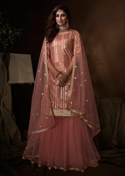 Light Pink and Gold Embroidered Gharara Suit